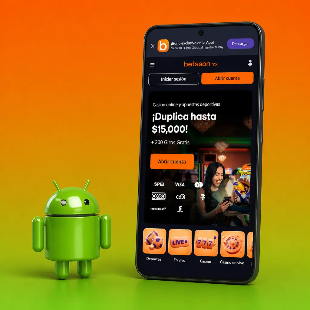 App de Betsson para Android, compatible con Samsung Galaxy A y Xiaomi Redmi, requiere versión 8.0 o superior